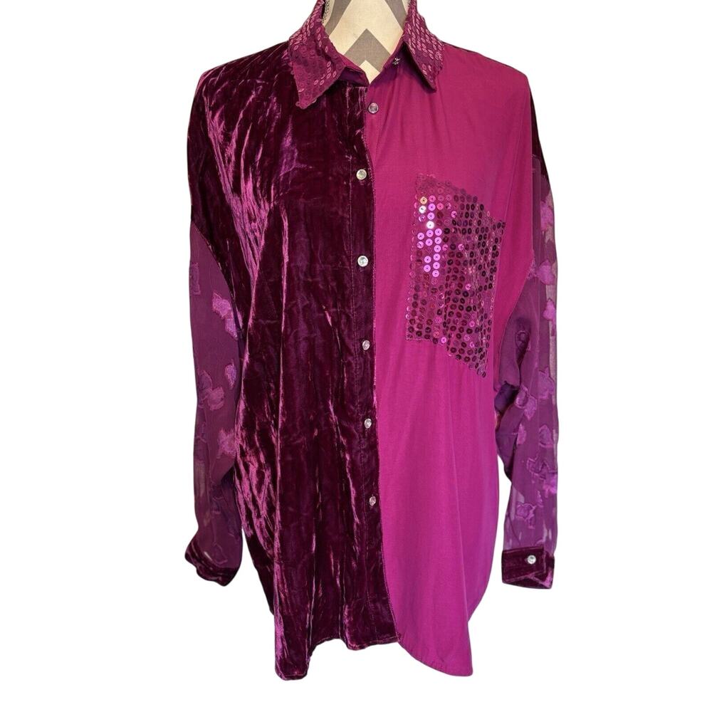 Tina Hagen Burgundy Purple Sheer Sequins Velvet Mardi Gras Large Blouse Top